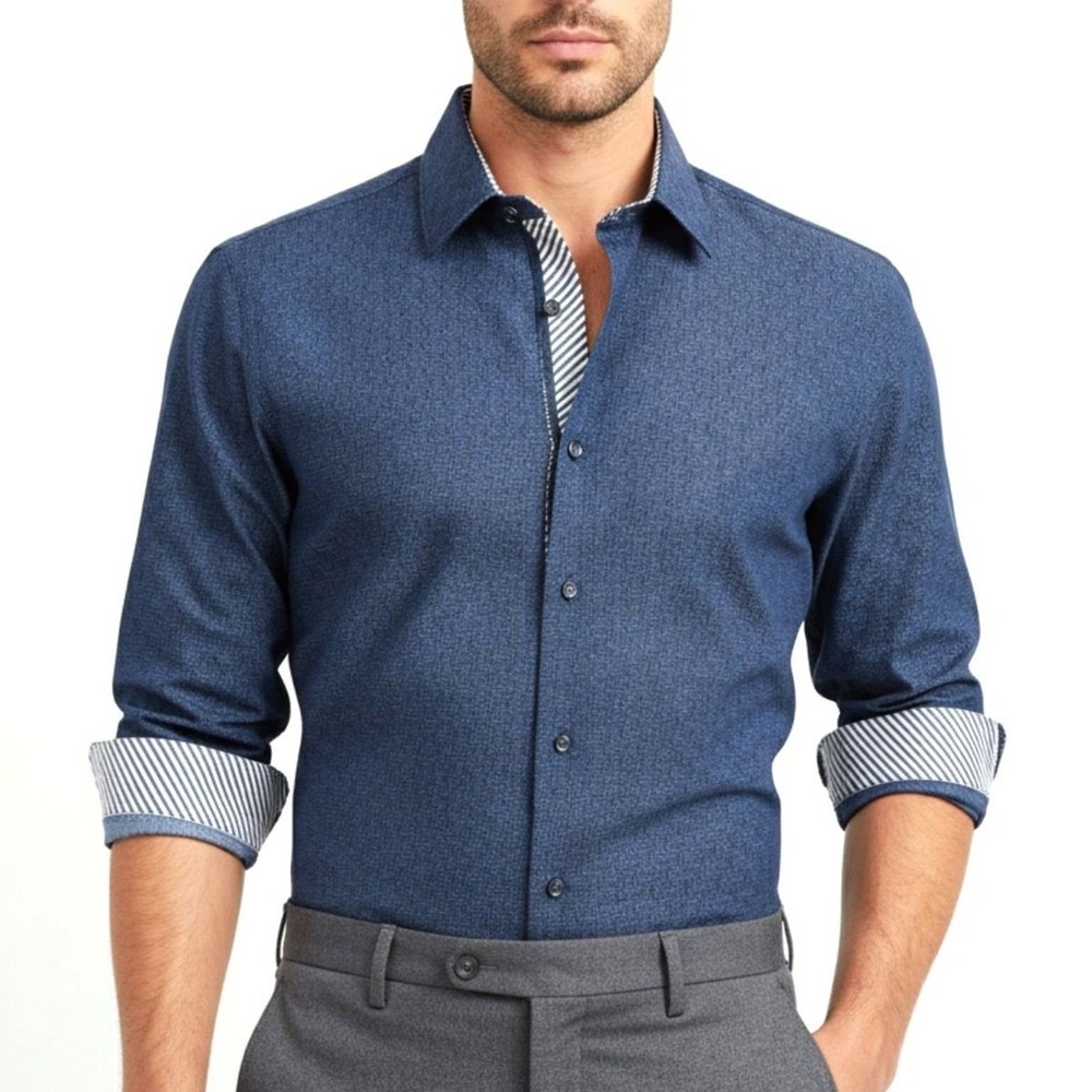 Rosso Milano Italy‎ Mens Large Navy Blue Modern Fit Dress Shirt Long Sleeve